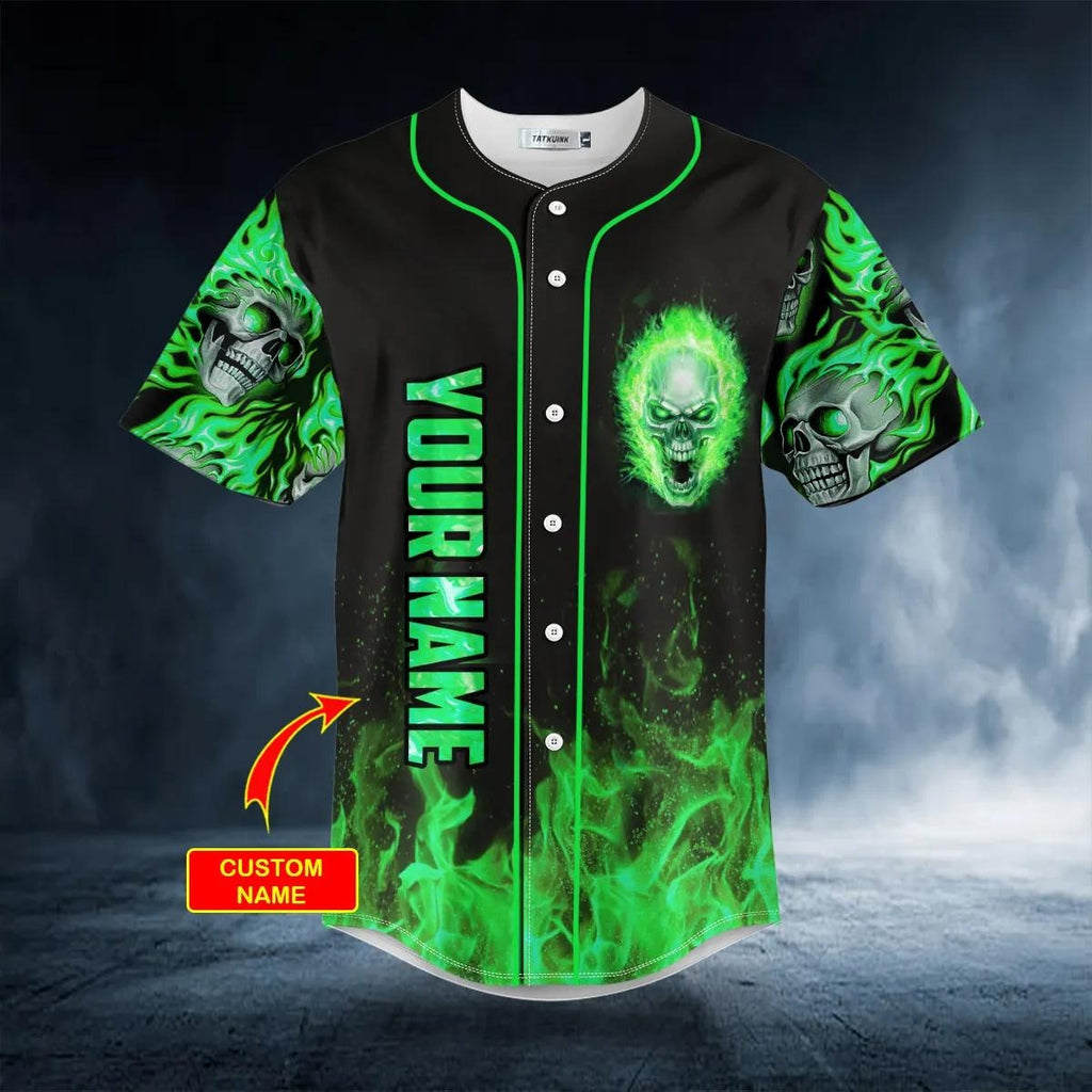 Green Ghost Skull Custom Baseball Jersey, Skull & Viking Graphic Tees 3D All Over Print Clothing