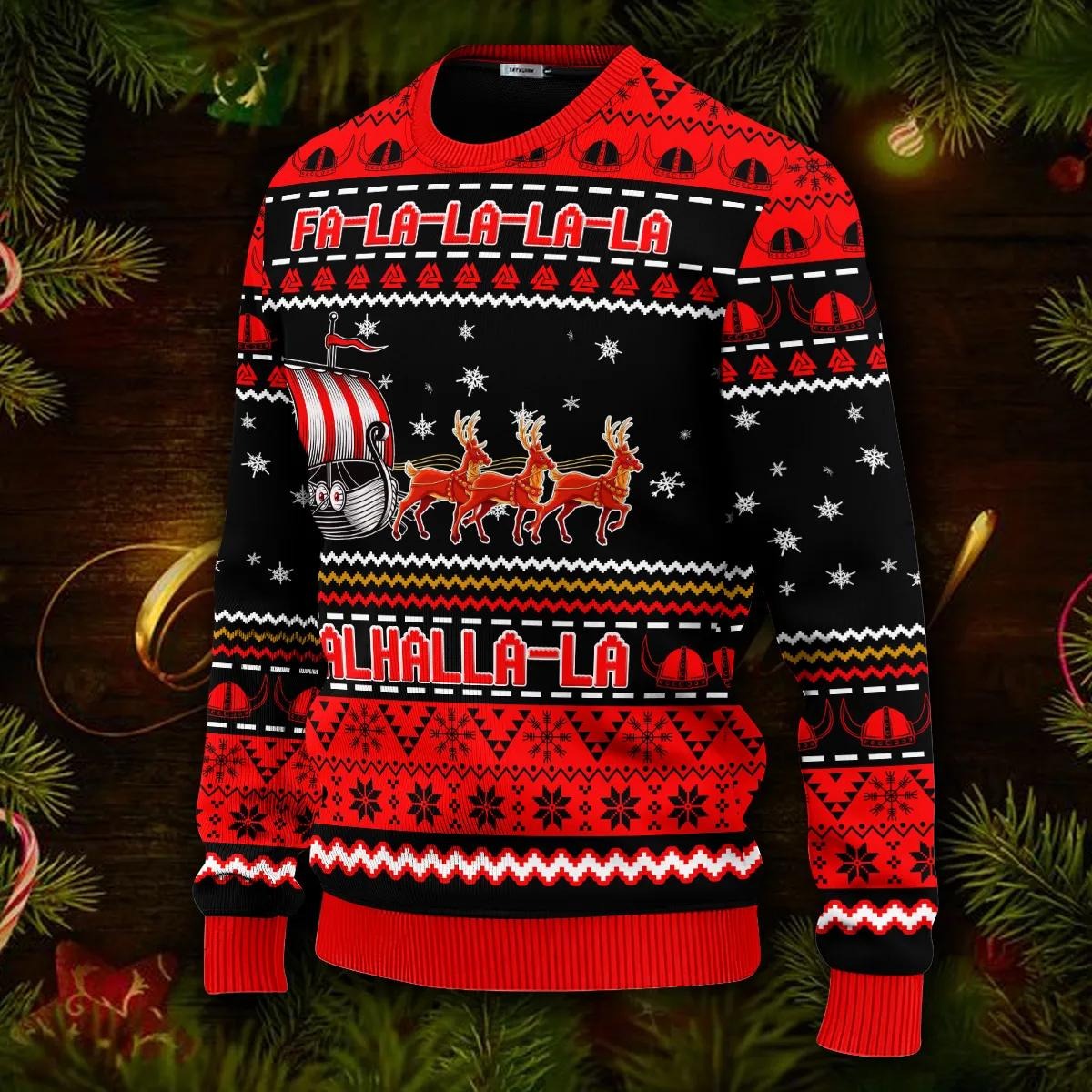 Red Falalalala Valhallala Viking Ships Viking Ugly Christmas Sweater, Skull & Viking Graphic Tees