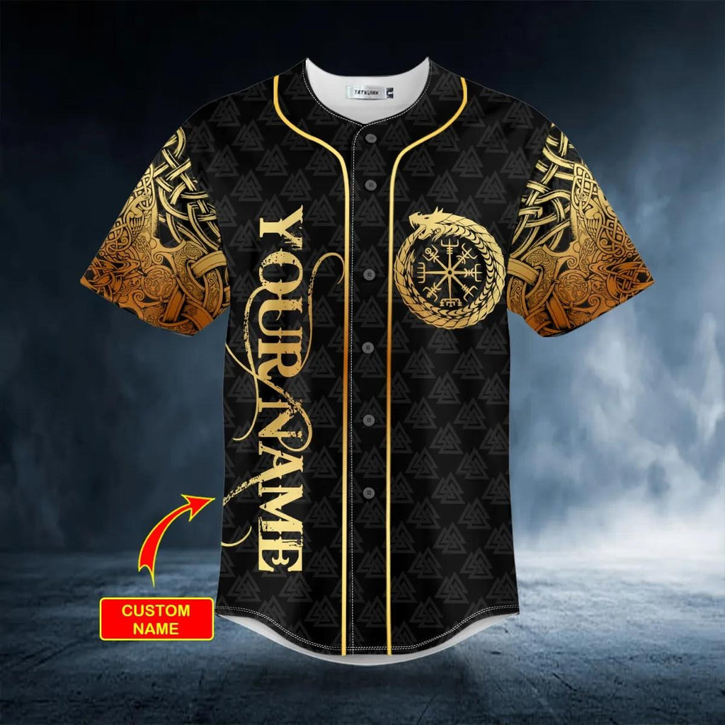 Gold Dragon Swords Viking Tattoo Custom Baseball Jersey – Skull & Viking Graphic Tees