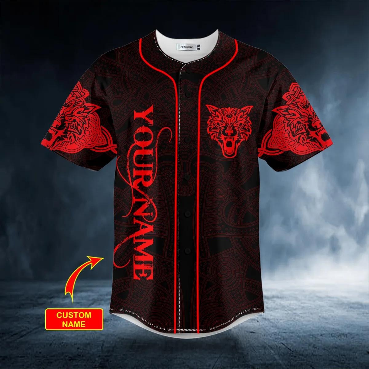Red Wolf Power Viking Tattoo Custom Baseball Jersey – Skull & Viking Graphic Tees