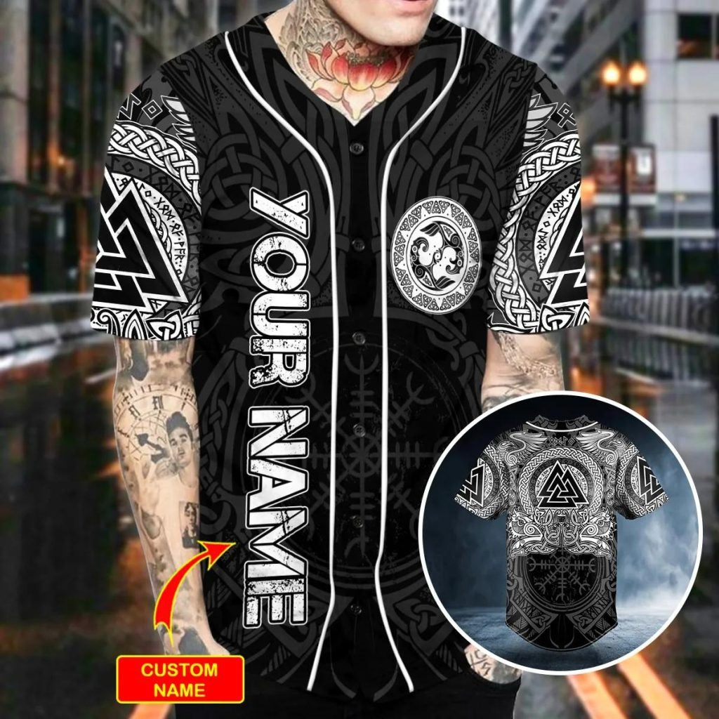 Valknut Viking White Tattoo Custom Baseball Jersey – Skull & Viking Graphic Tees _ 3D All Over Print Clothing