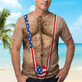 3D Hairy Body Swimsuit T-shirt for Men, Funny Patriotic Mankini Tee, USA Flag Costume Shirt