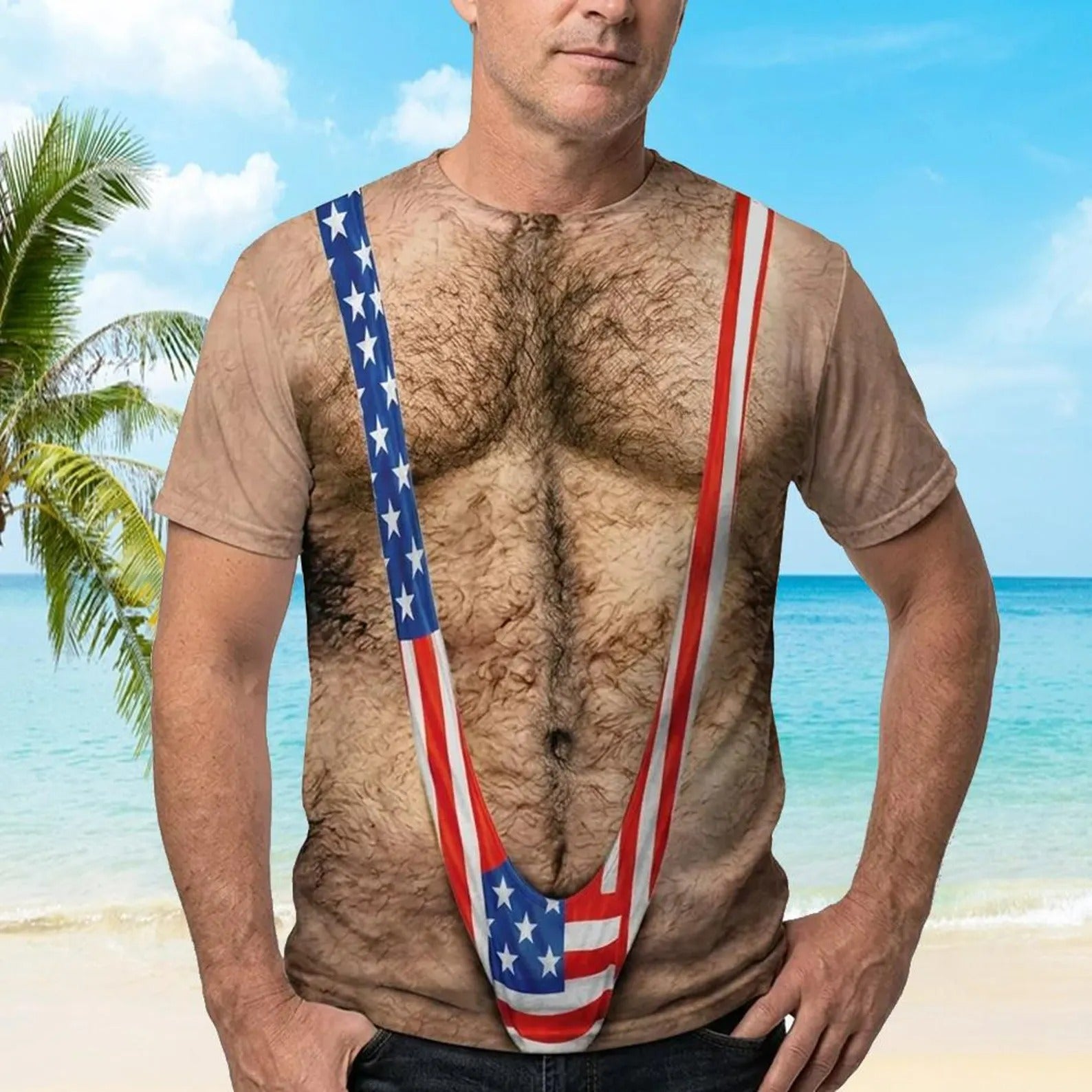 3D Hairy Body Swimsuit T-shirt for Men, Funny Patriotic Mankini Tee, USA Flag Costume Shirt