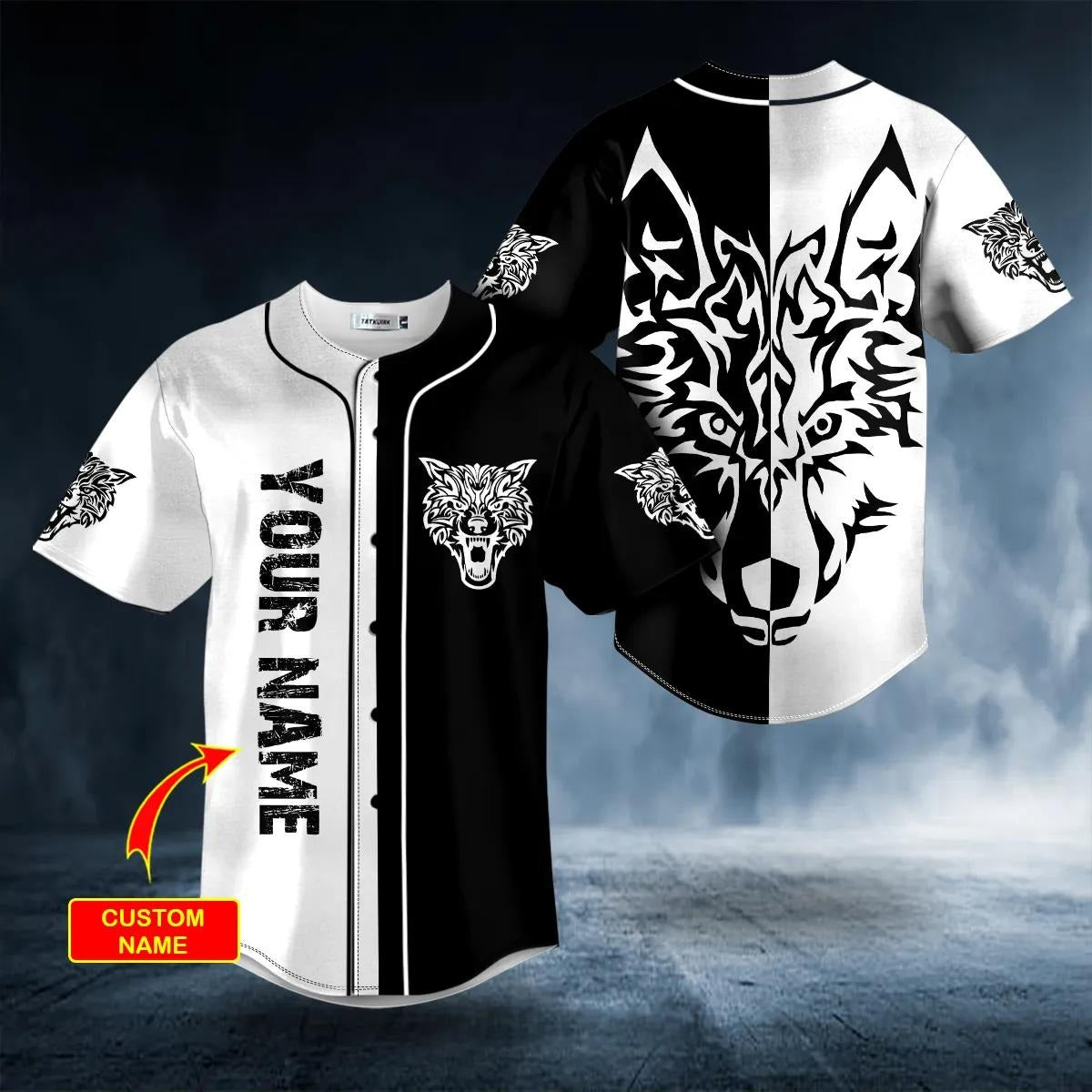 Yinyang Wolf Viking Tattoo Custom Baseball Jersey – Skull & Viking Graphic Tees _ 3D All Over Print Clothing