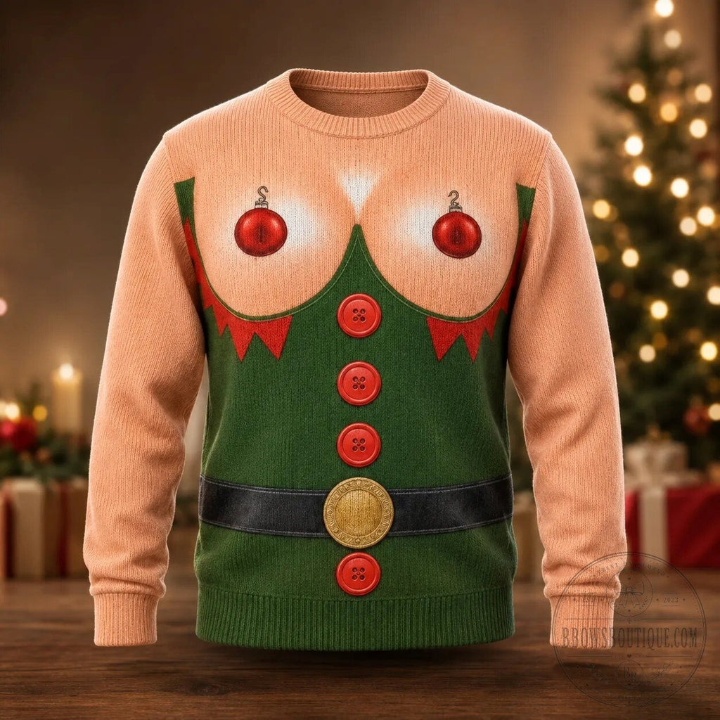 Funny Elf Chest Ugly Christmas Sweater Red Bauble Ornament