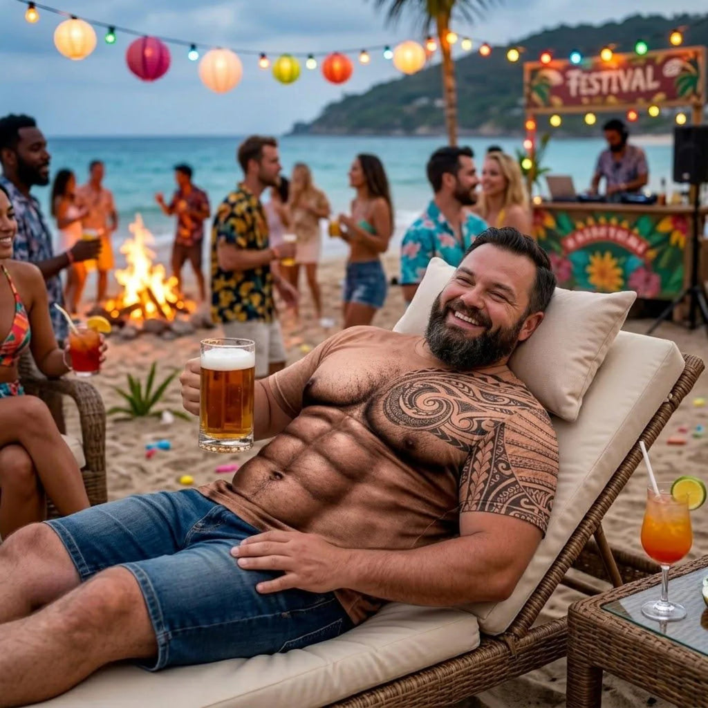 Custom 3D Muscle Tattoo T-shirt Men, Hawaiian Beach Shirt, Polynesian Tribal Tee, Funny Summer Vacation, Tropical Outfit Gift