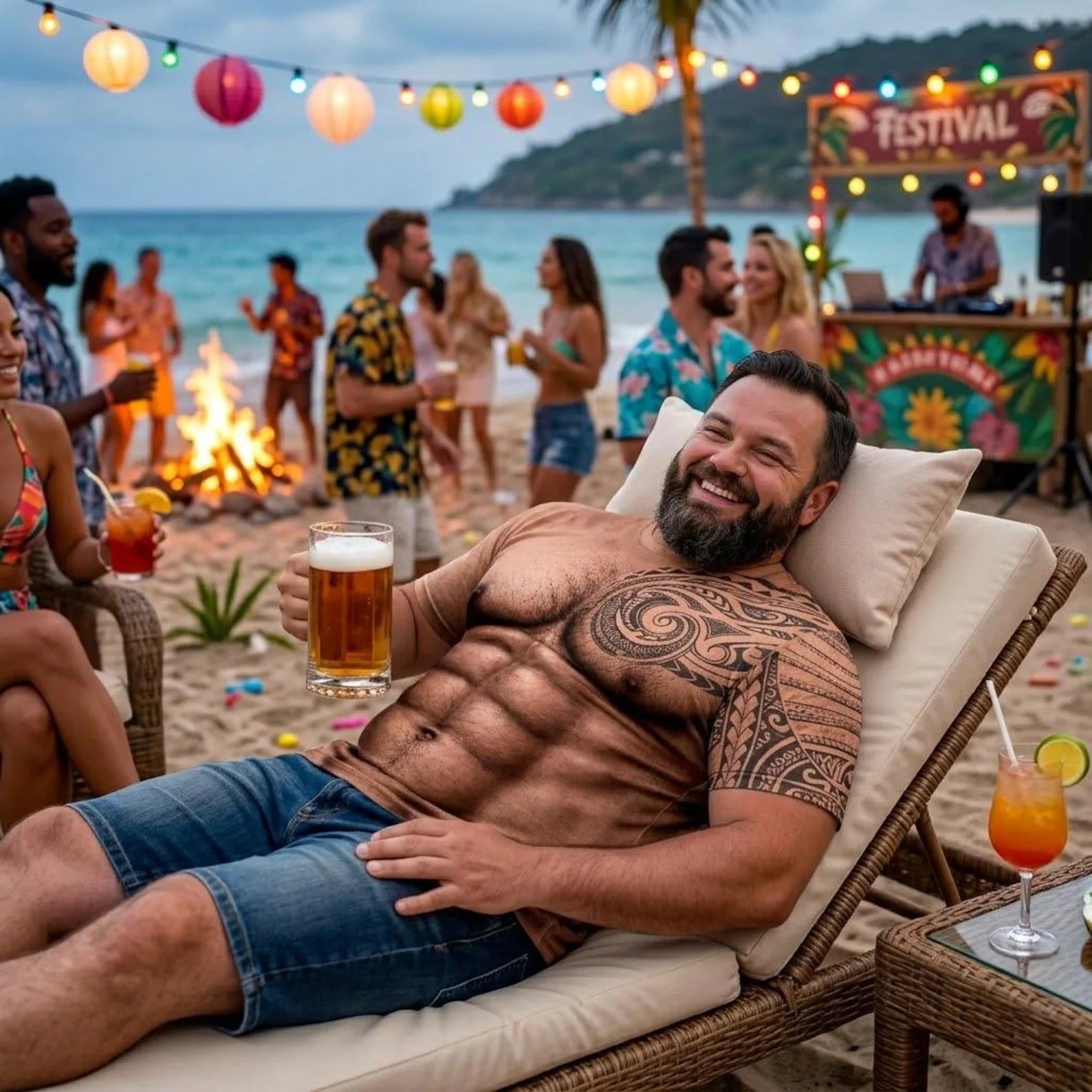 Custom 3D Muscle Tattoo T-shirt Men, Hawaiian Beach Shirt, Polynesian Tribal Tee, Funny Summer Vacation, Tropical Outfit Gift