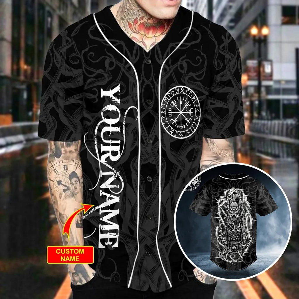 Black White Odin Allfather Viking Tattoo Custom Baseball Jersey – Skull & Viking Graphic Tees _ 3D All Over Print Clothing