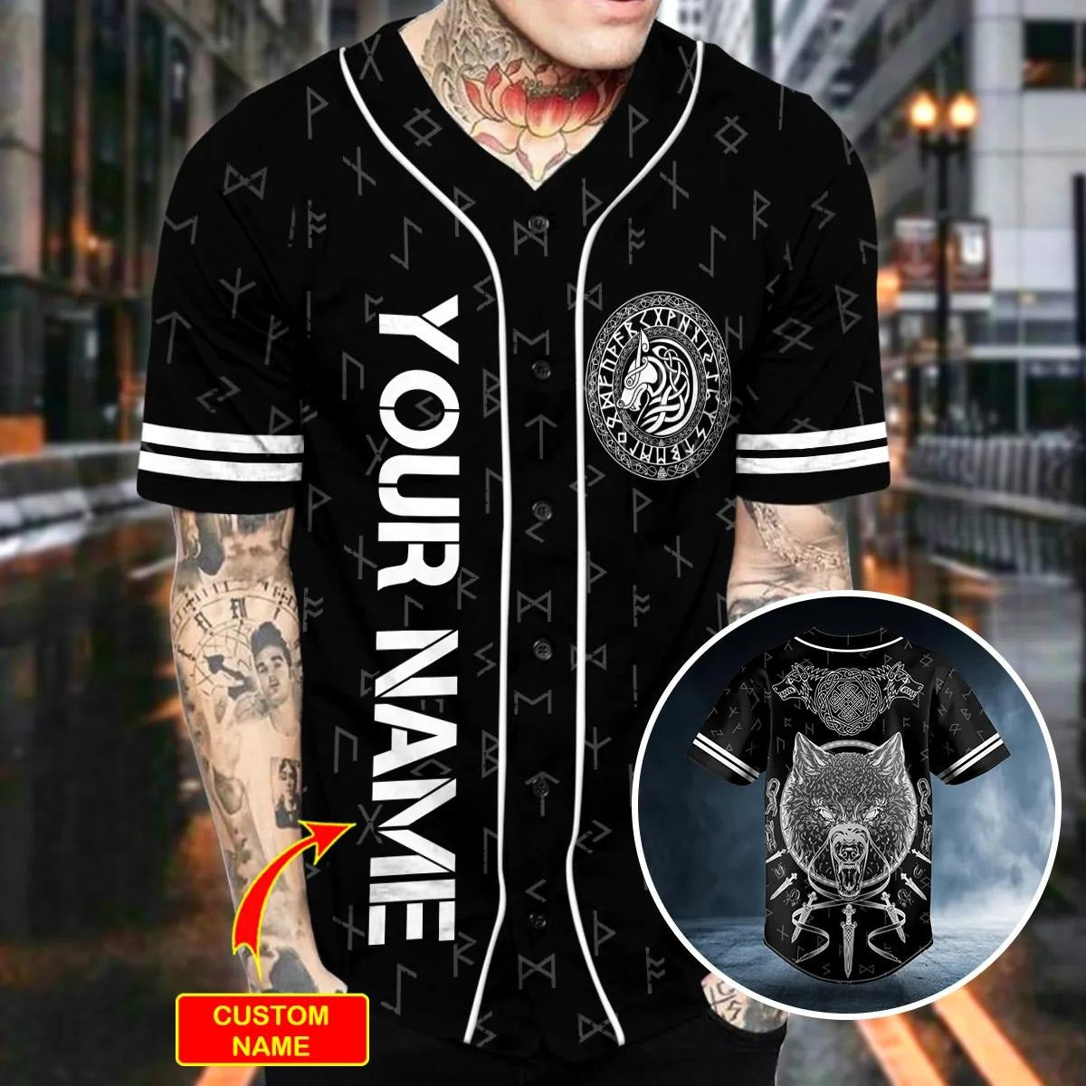 Combat Wolf Viking White Tattoo Custom Baseball Jersey – Skull & Viking Graphic Tees