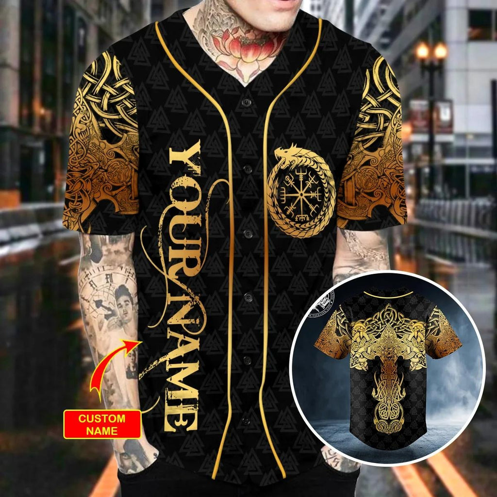Gold Dragon Swords Viking Tattoo Custom Baseball Jersey – Skull & Viking Graphic Tees