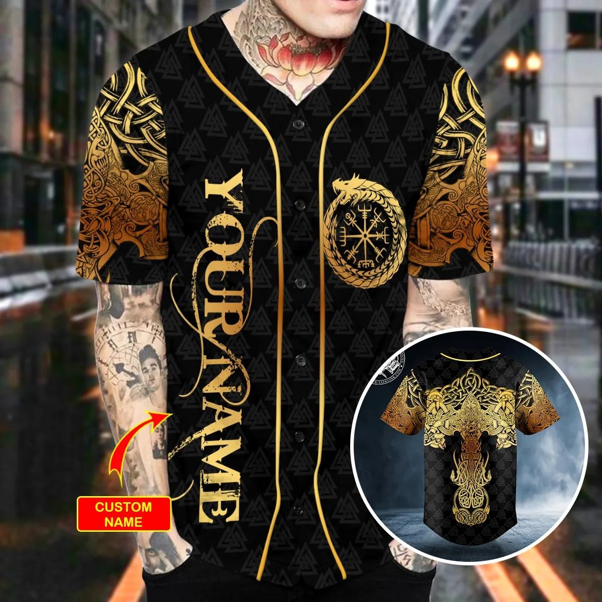 Gold Dragon Swords Viking Tattoo Custom Baseball Jersey – Skull & Viking Graphic Tees