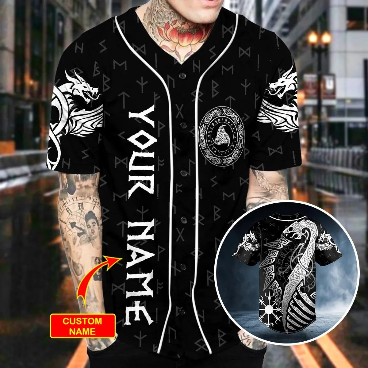 Norse Dragon Viking White Tattoo Custom Baseball Jersey – Skull & Viking Graphic Tees