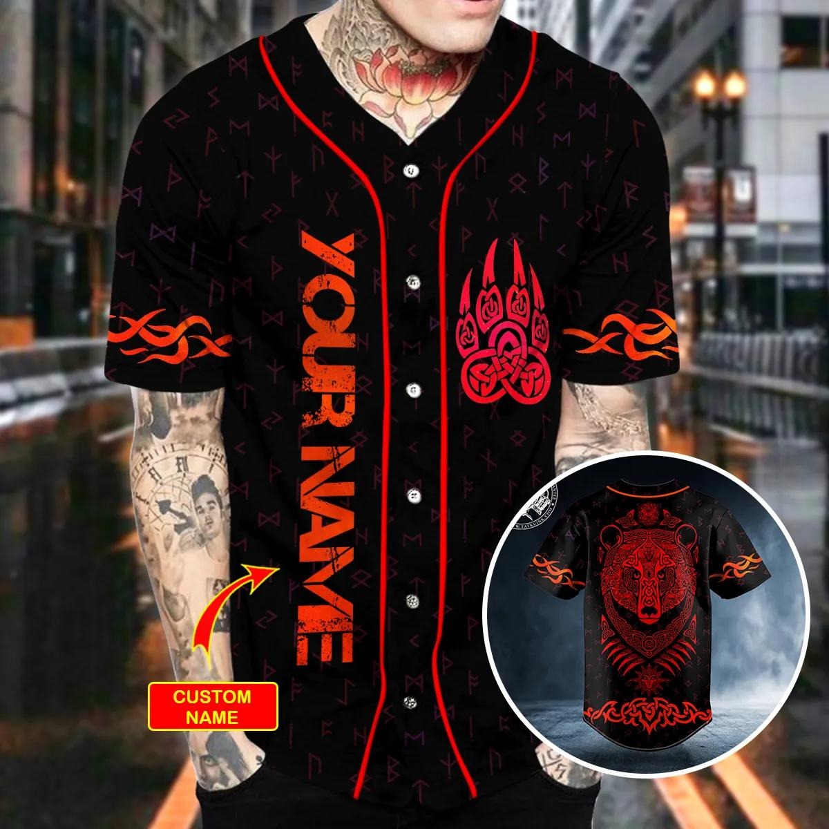Red Bear Viking Tattoo Custom Baseball Jersey – Skull & Viking Graphic Tees