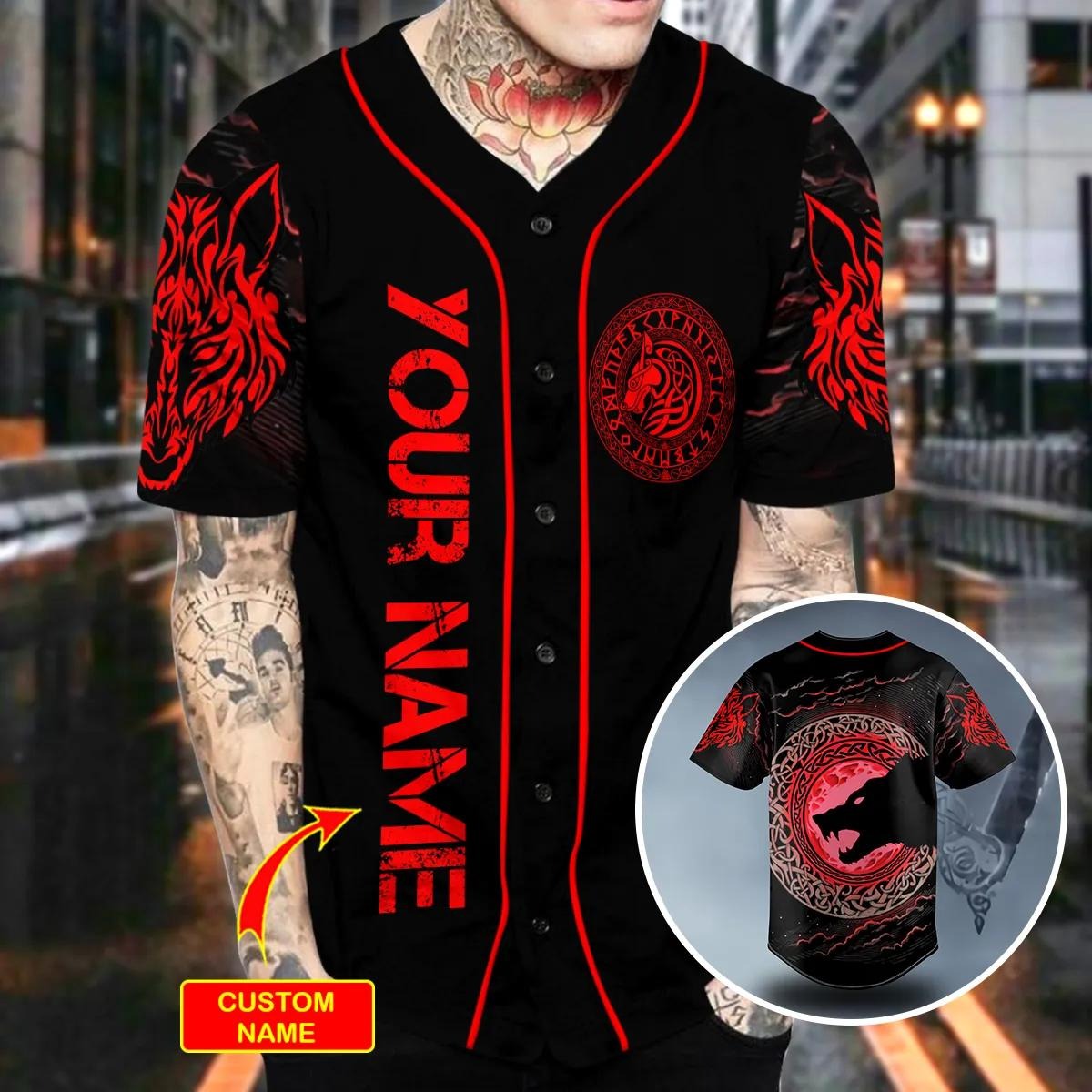 Red Moon Wolf Viking Tattoo Custom Baseball Jersey – Skull & Viking Graphic Tees _ 3D All Over Print Clothing