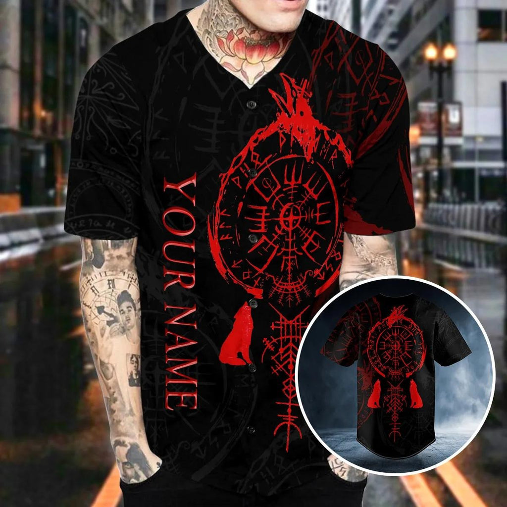 Red Runes Viking Compass Tattoo Custom Baseball Jersey – Skull & Viking Graphic Tees