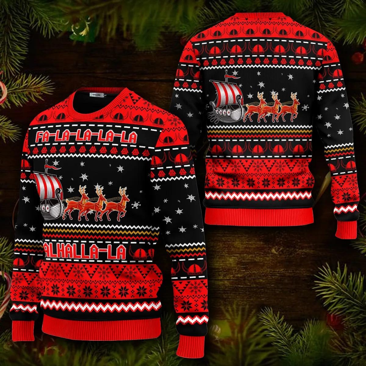 Red Falalalala Valhallala Viking Ships Viking Ugly Christmas Sweater, Skull & Viking Graphic Tees