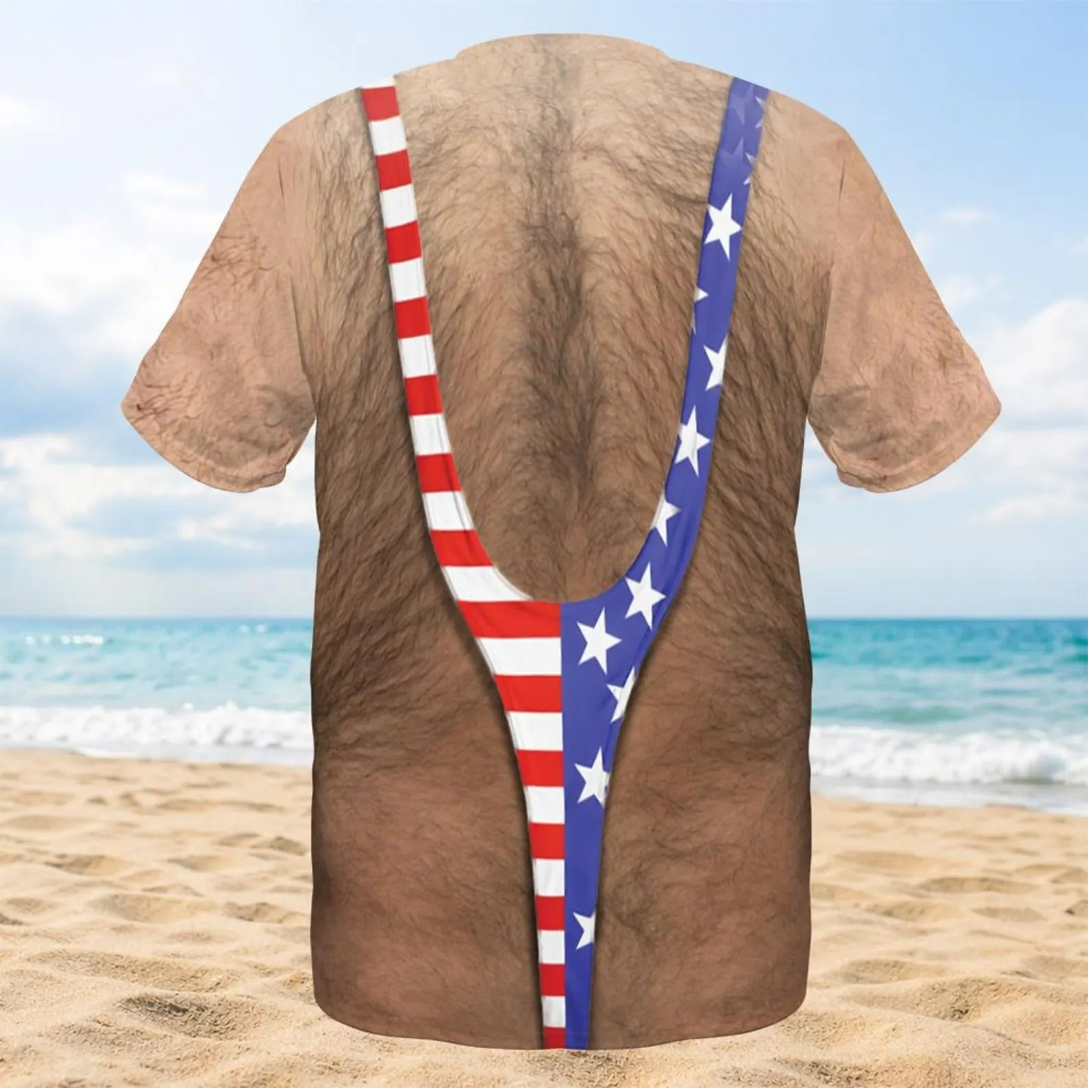 3D Hairy Body Swimsuit T-shirt for Men, Funny Patriotic Mankini Tee, USA Flag Costume Shirt
