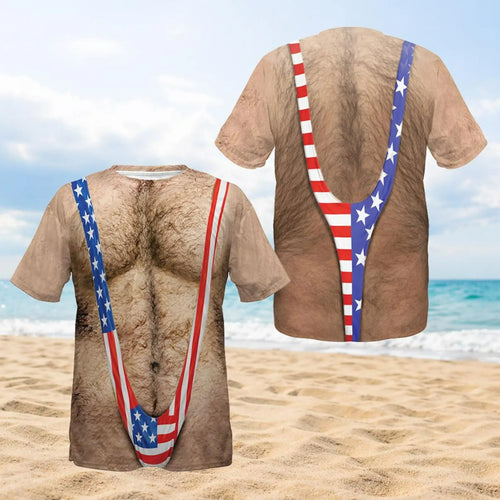 3D Hairy Body Swimsuit T-shirt for Men, Funny Patriotic Mankini Tee, USA Flag Costume Shirt