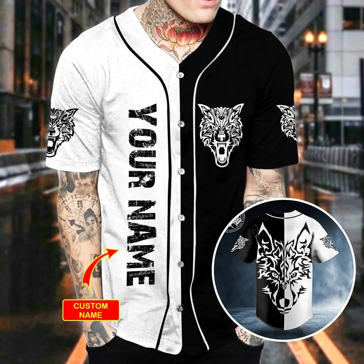 Yinyang Wolf Viking Tattoo Custom Baseball Jersey – Skull & Viking Graphic Tees _ 3D All Over Print Clothing