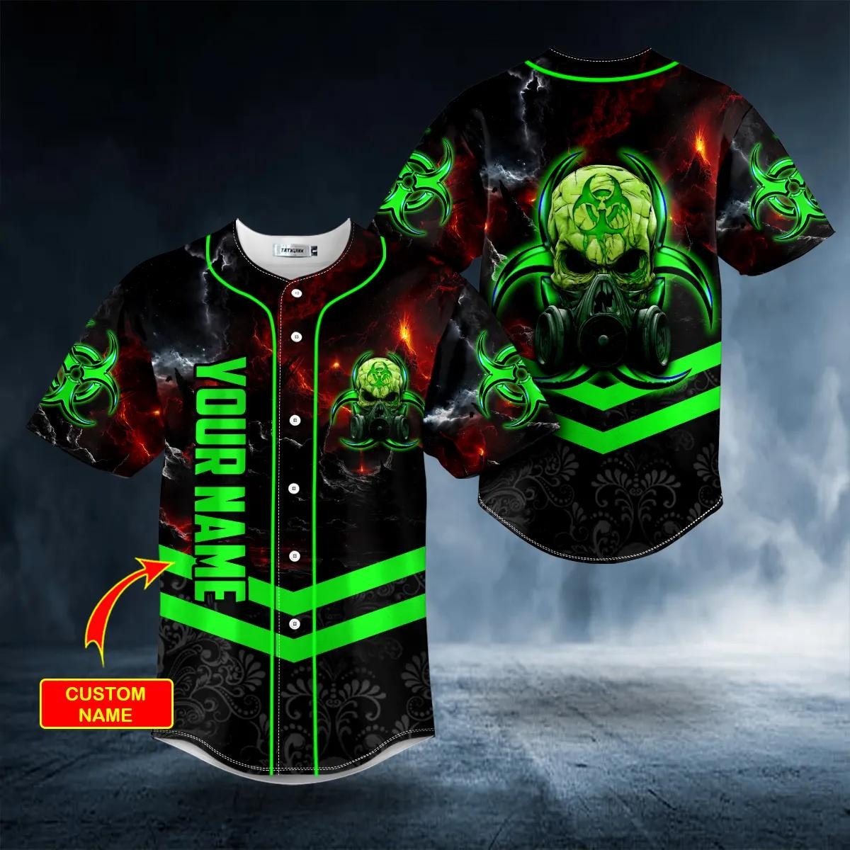 Green Biohazard Skull Custom Baseball Jersey, 3D All Over Print Clothing