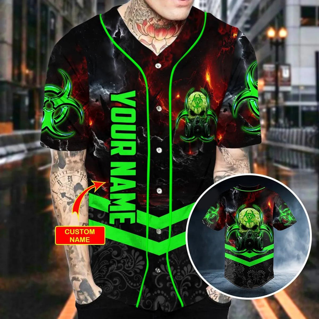 Green Biohazard Skull Custom Baseball Jersey, 3D All Over Print Clothing