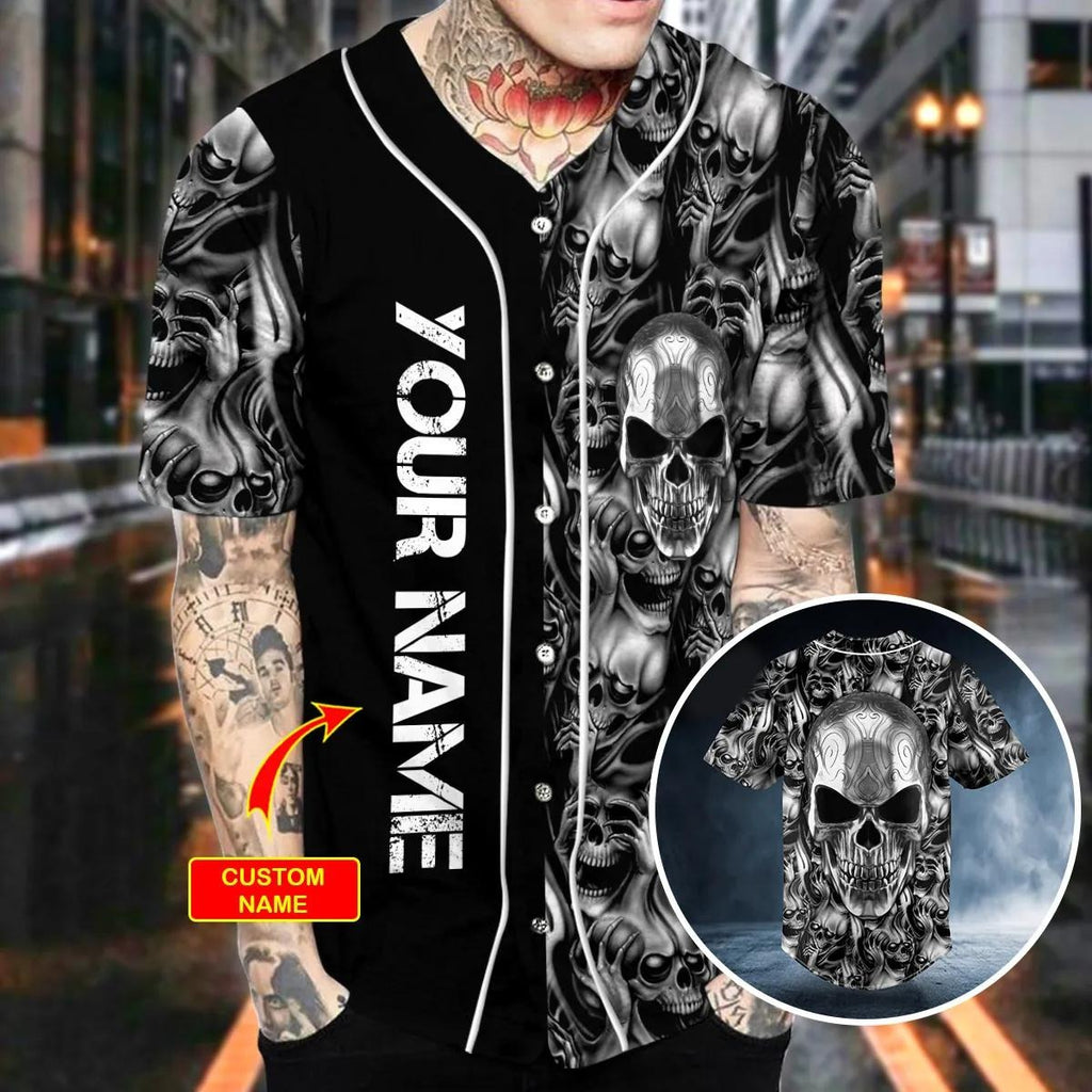 Tribal Tattoos Metal Skull Custom Baseball Jersey – Skull & Viking Graphic Tees _ 3D All Over Print Clothing