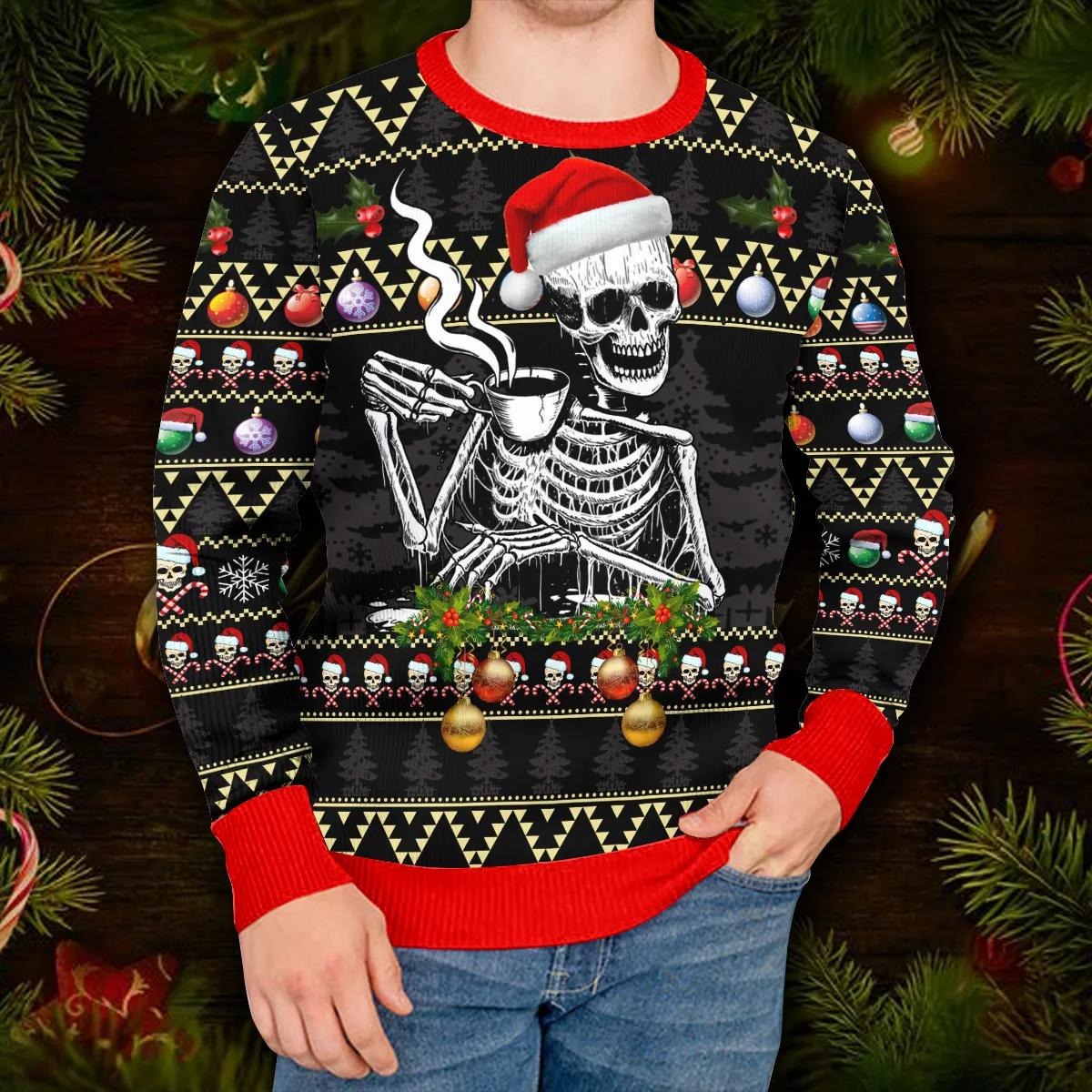 Skull Drinking Hot Coffee Christmas Pattern Ugly Christmas Sweater