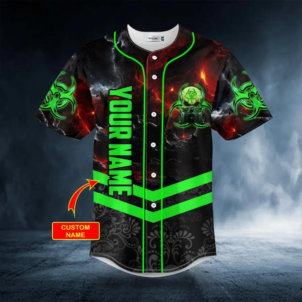 Green Biohazard Skull Custom Baseball Jersey, 3D All Over Print Clothing