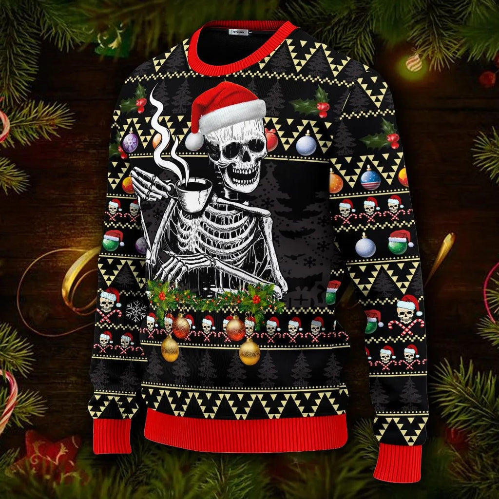 Skull Drinking Hot Coffee Christmas Pattern Ugly Christmas Sweater