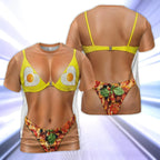 Fake Body Egg and Pizza Bikini Tee, Beach Cover up Humor Graphic Tee