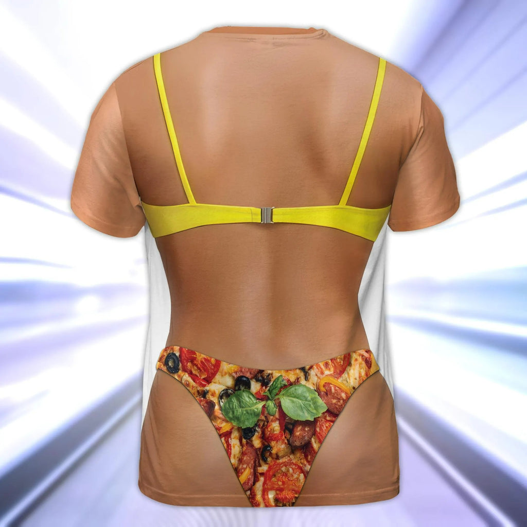 Fake Body Egg and Pizza Bikini Tee, Beach Cover up Humor Graphic Tee
