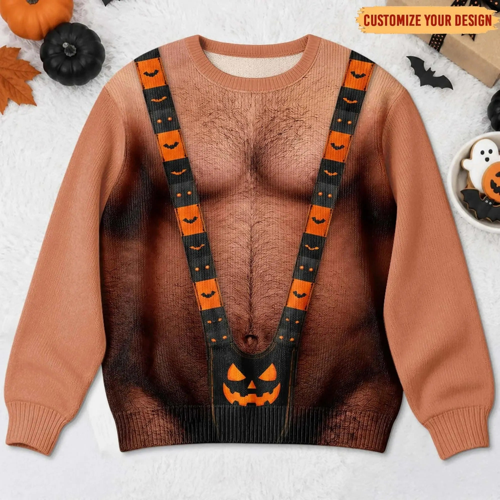 Hairy Body Swimsuit Sweater for Men, Funny Halloween Mankini Ugly Sweatshirt