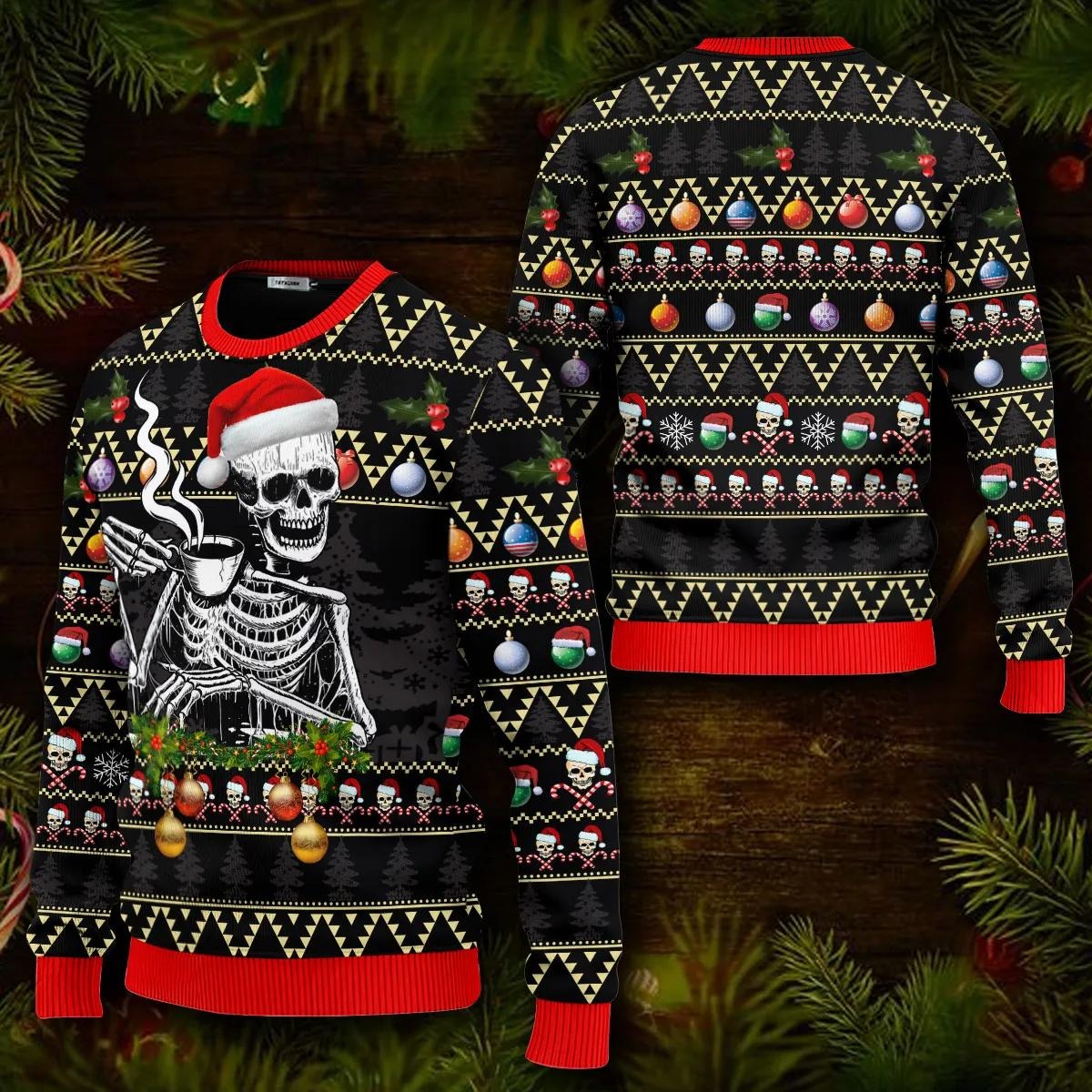 Skull Drinking Hot Coffee Christmas Pattern Ugly Christmas Sweater