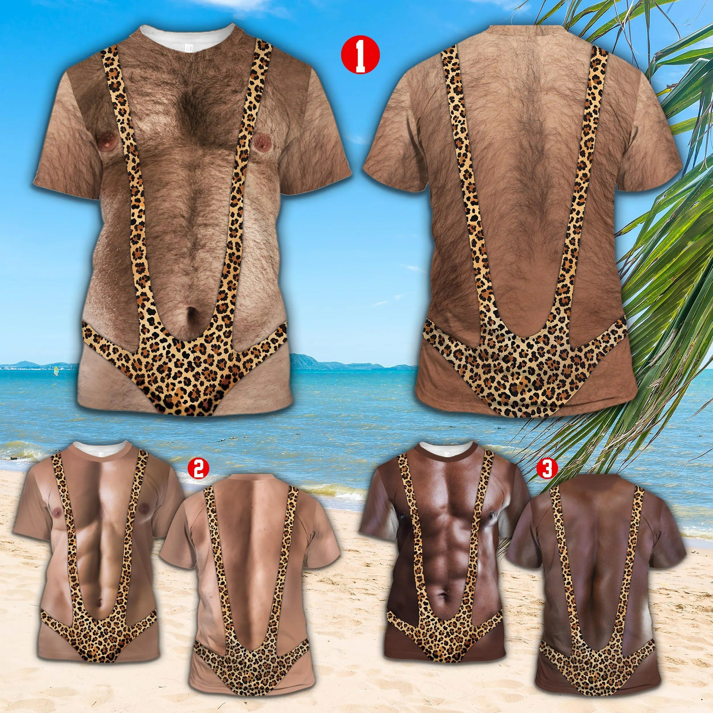 3D Hairy Muscle Body Swimsuit T-shirt for Men, Funny Mankini Tee Leopard Print Mankini Shirt Adult Party Costume Top for Beach Bachelor Gift