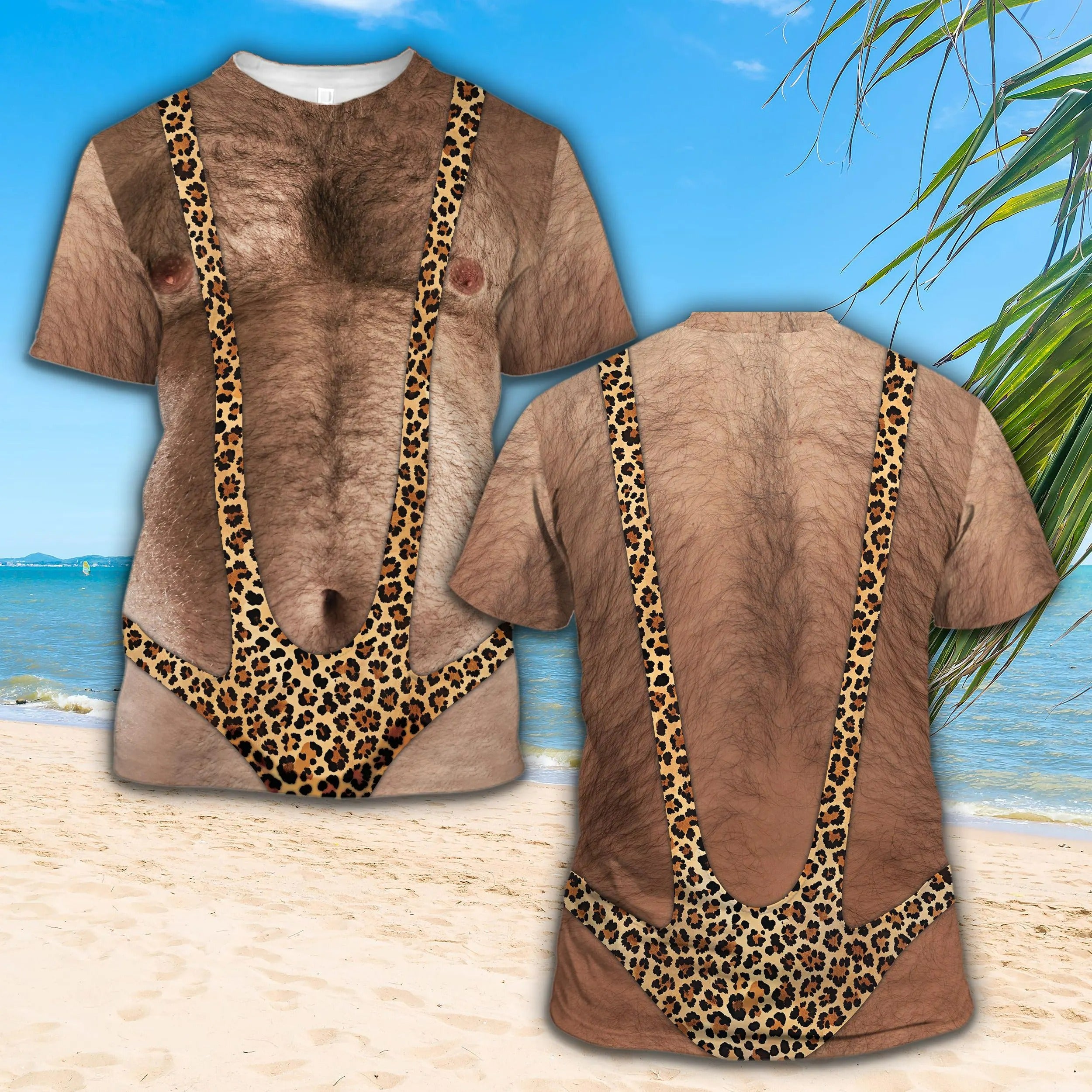 3D Hairy Muscle Body Swimsuit T-shirt for Men, Funny Mankini Tee Leopard Print Mankini Shirt Adult Party Costume Top for Beach Bachelor Gift