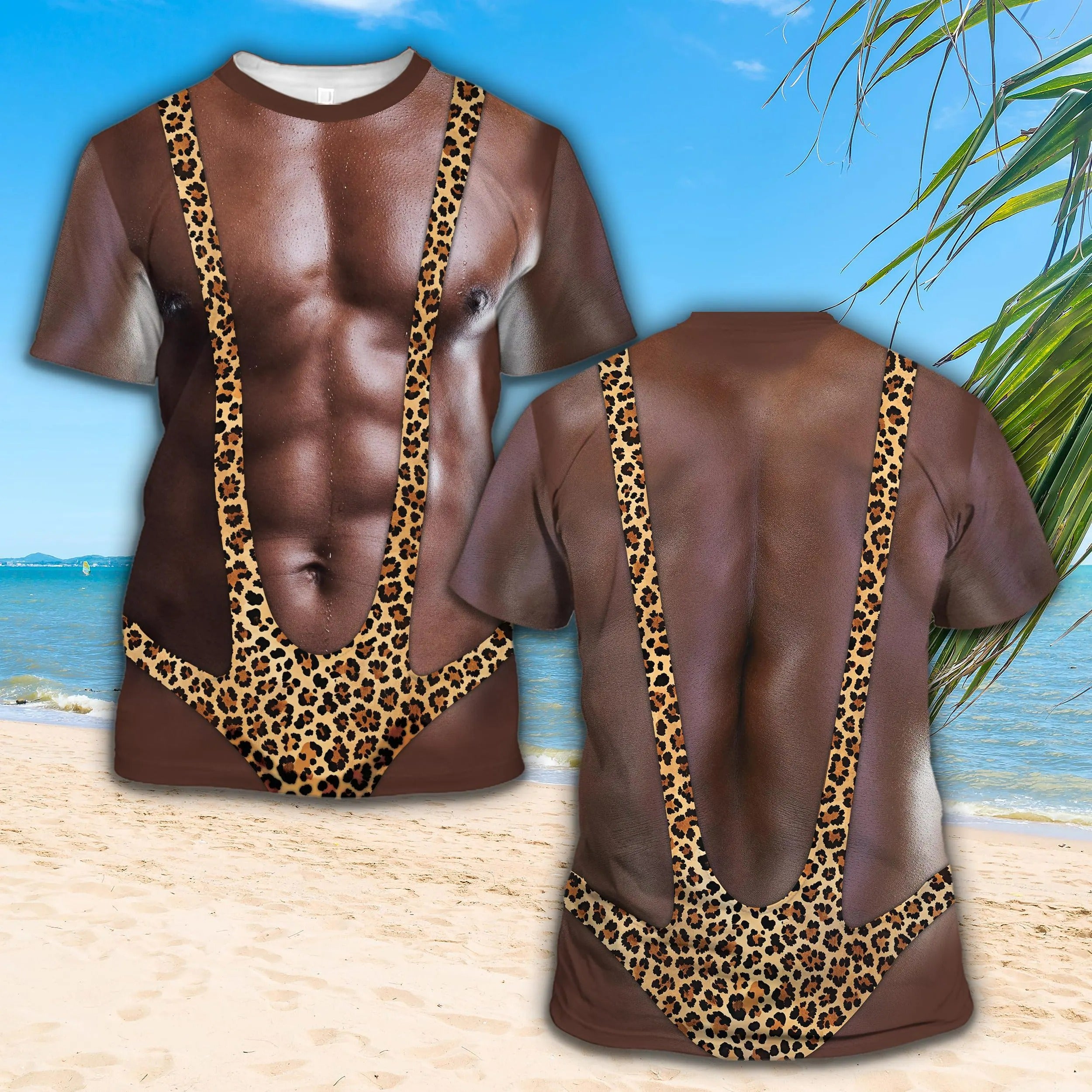 3D Hairy Muscle Body Swimsuit T-shirt for Men, Funny Mankini Tee Leopard Print Mankini Shirt Adult Party Costume Top for Beach Bachelor Gift