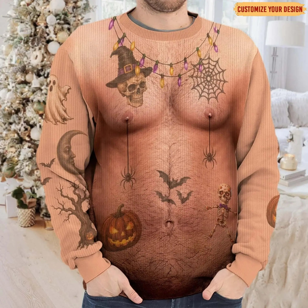 Personalized Hairy Body Swimsuit Sweater for Men, Funny Halloween Mankini Ugly Sweatshirt