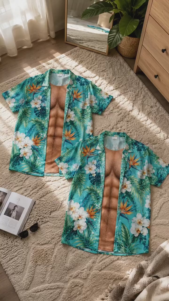 Custom Funny Muscle T-shirt for Men, Personalized Hawaiian Shirt Illusion Tee, 3D Fake Open Shirt, Summer Vacation Gag Gift for Him