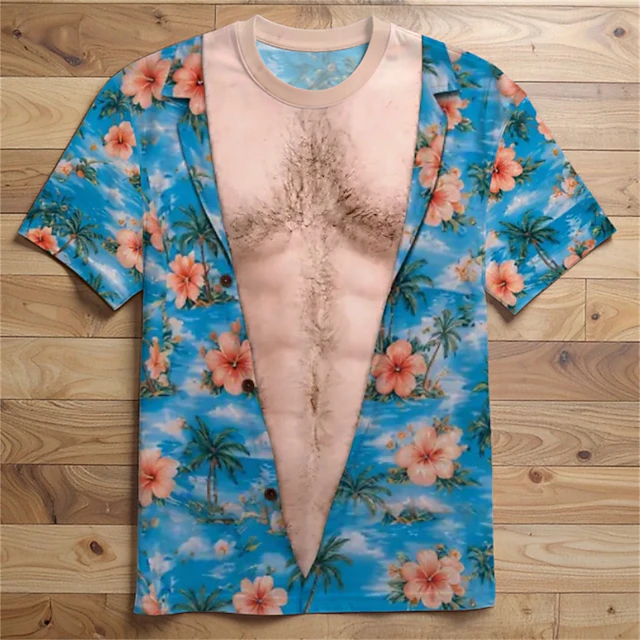 Men 3D Hawaiian Muscle Print Shirt Beige Palm Tree Summer Top