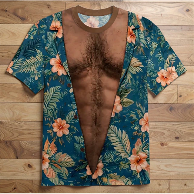 Men 3D Hawaiian Muscle Print Shirt White Tropical Beach Top