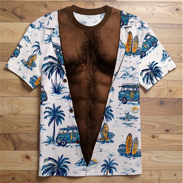 Men 3D Hawaiian Muscle Print Shirt Blue Floral Beach Top
