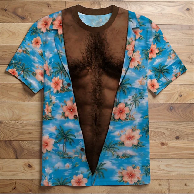 Men 3D Hawaiian Muscle Print Shirt Beige Palm Tree Summer Top