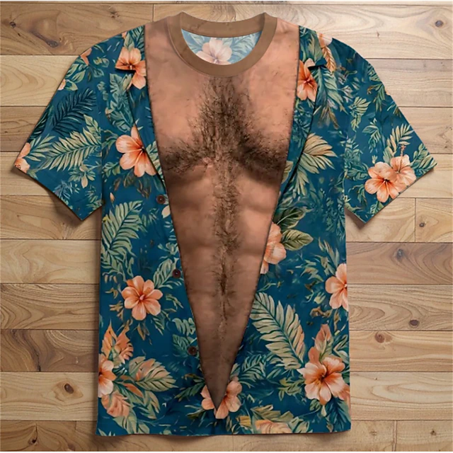 Men 3D Hawaiian Muscle Print Shirt White Tropical Beach Top