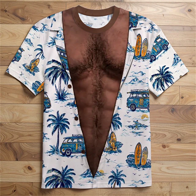 Men 3D Hawaiian Muscle Print Shirt Blue Floral Beach Top