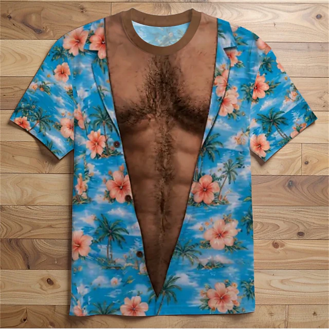 Men 3D Hawaiian Muscle Print Shirt Beige Palm Tree Summer Top