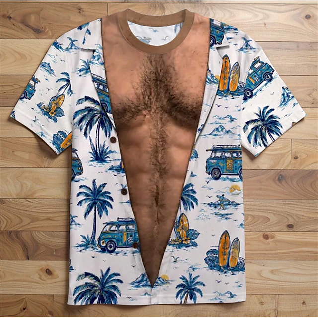 Men 3D Hawaiian Muscle Print Shirt Blue Floral Beach Top