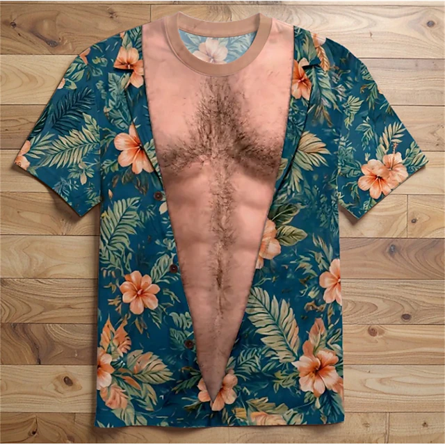 Men 3D Hawaiian Muscle Print Shirt White Tropical Beach Top