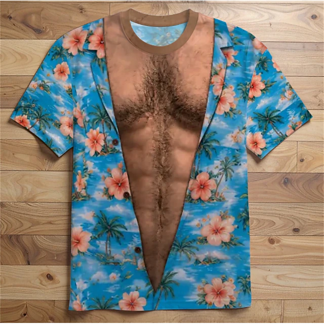 Men 3D Hawaiian Muscle Print Shirt Beige Palm Tree Summer Top