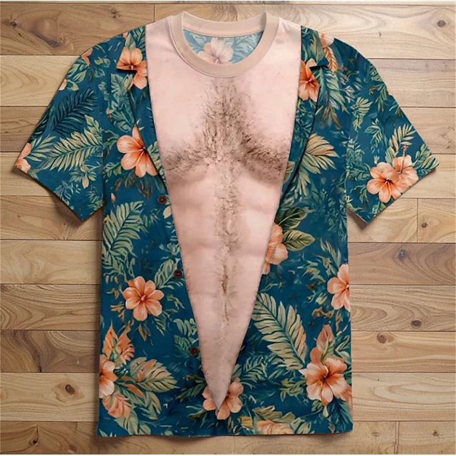 Men 3D Hawaiian Muscle Print Shirt White Tropical Beach Top