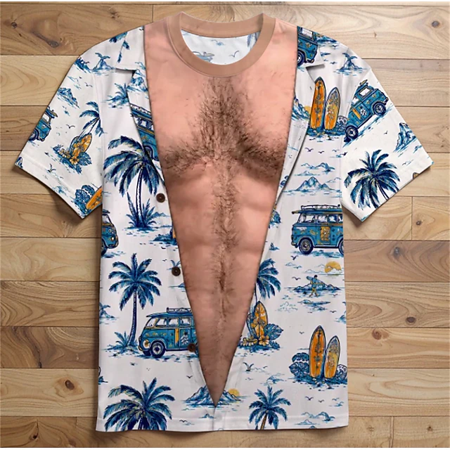 Men 3D Hawaiian Muscle Print Shirt Blue Floral Beach Top